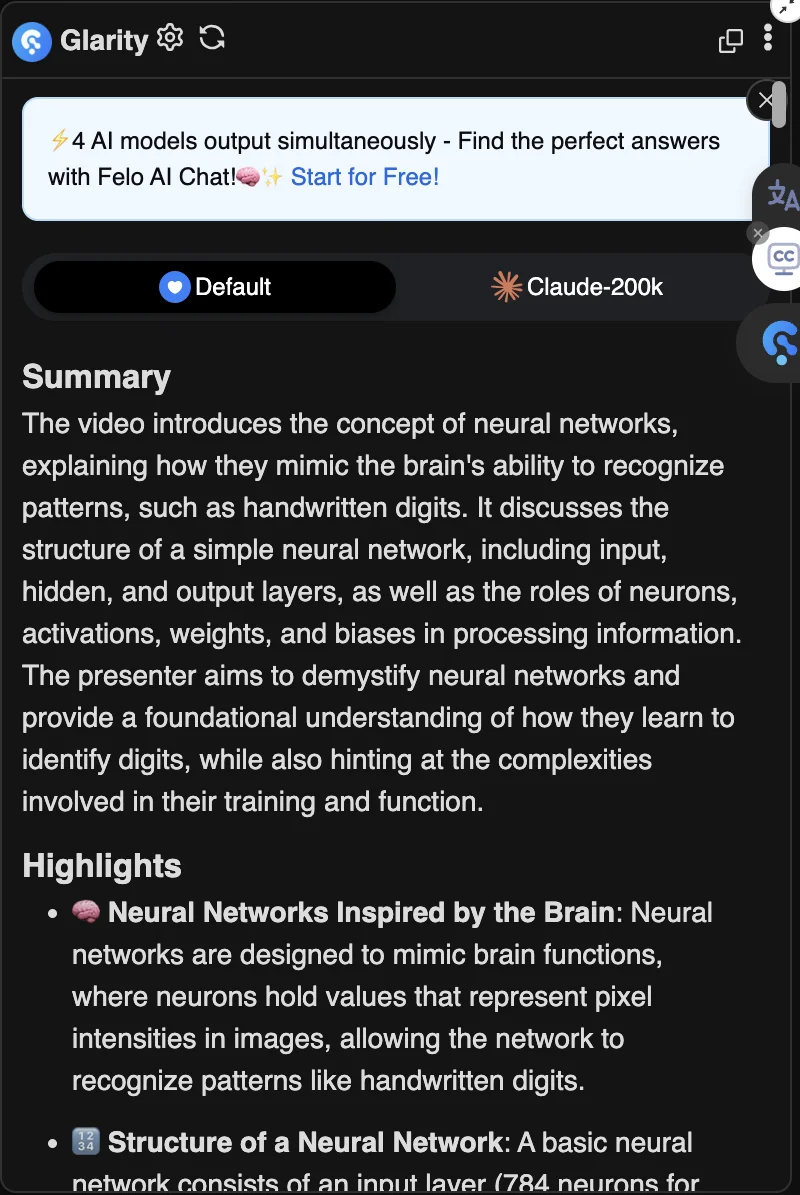 Glarity summary and highlights in its YouTube sidebar, with model selector and Felo promotion