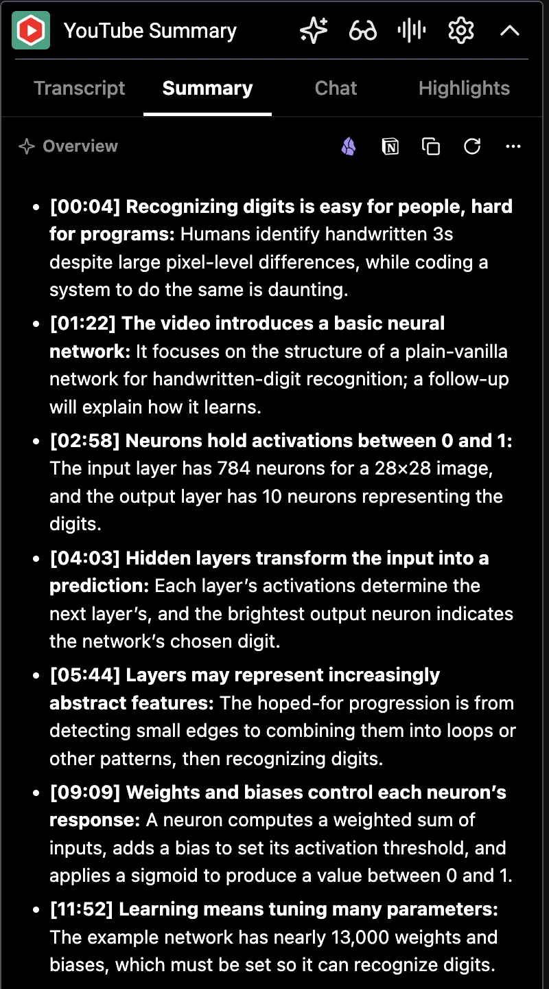 Glasp built-in Summary tab with a generated timestamped overview of the neural-network video
