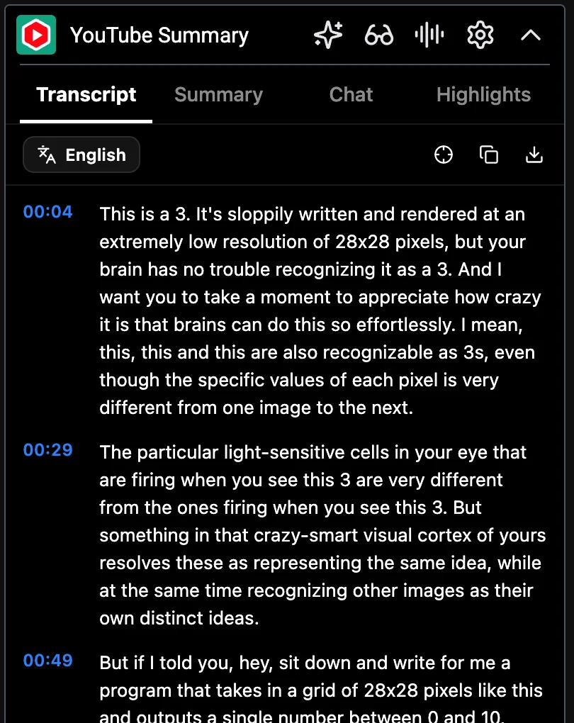 Glasp transcript panel showing English text and timestamps beside the video