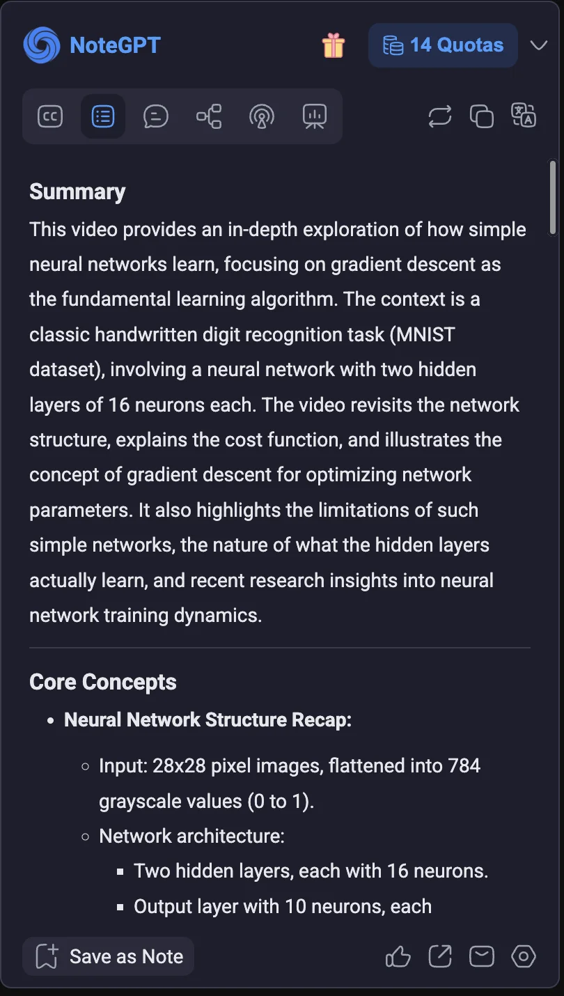 NoteGPT generated study outline for the gradient-descent video, with 14 quotas remaining