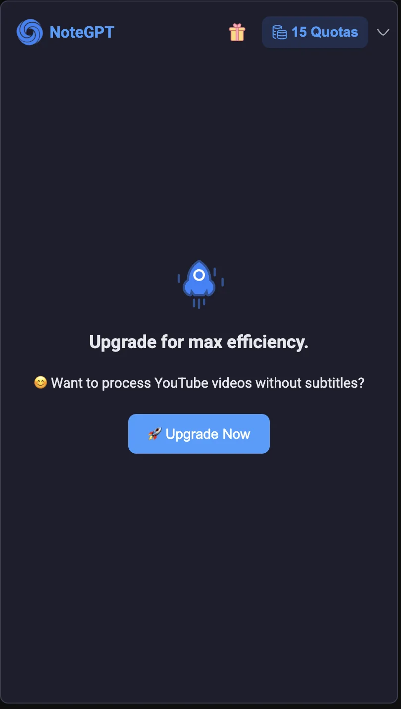 NoteGPT upgrade prompt for transcription, despite the account showing 15 quotas